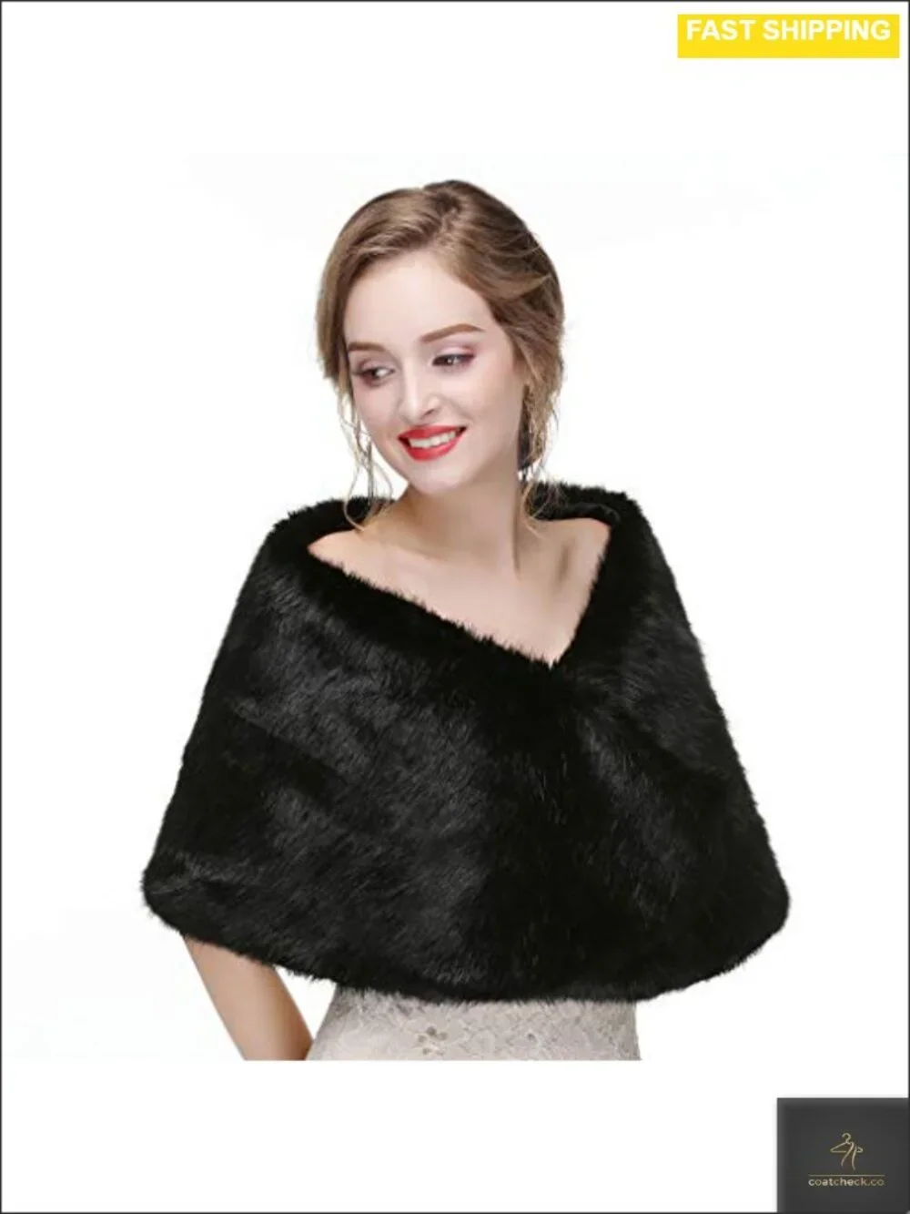 Faux Fur Wedding Shawl Wrap Sleeveless Stole Capelet with Brooch